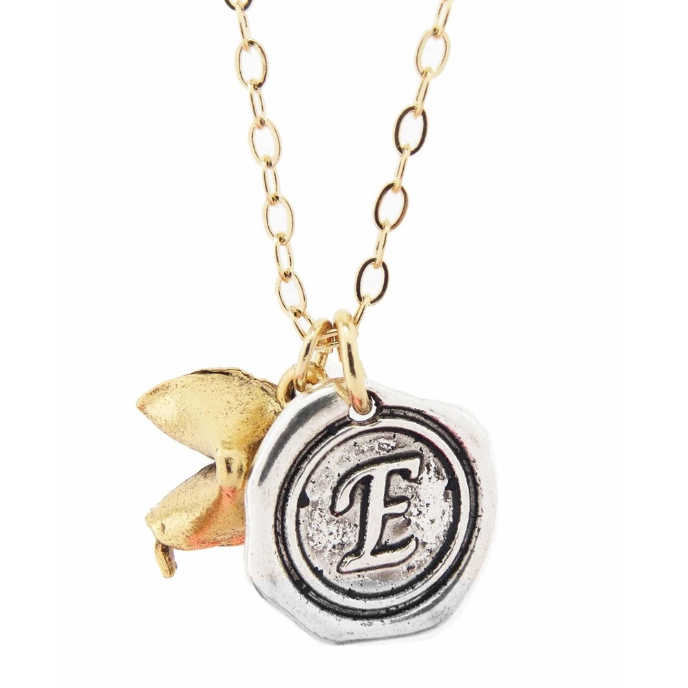 NWOT “E” necklace with fortune cookie charm